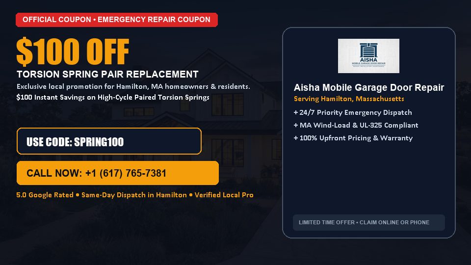 $100 OFF Dual High-Cycle Torsion Spring Replacement in Hamilton, MA - Aisha Mobile Garage Door Repair